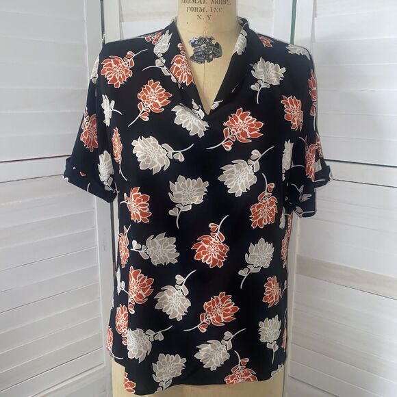 Calvin Klein Blouse P Medium Black With Coral Cream Floral Print Polyester - Picture 1 of 6
